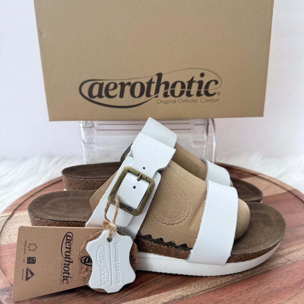 Aerothotic Womens White Leather Orthotic Comfort Sandals LC1423 Size 8-8.5 NEW